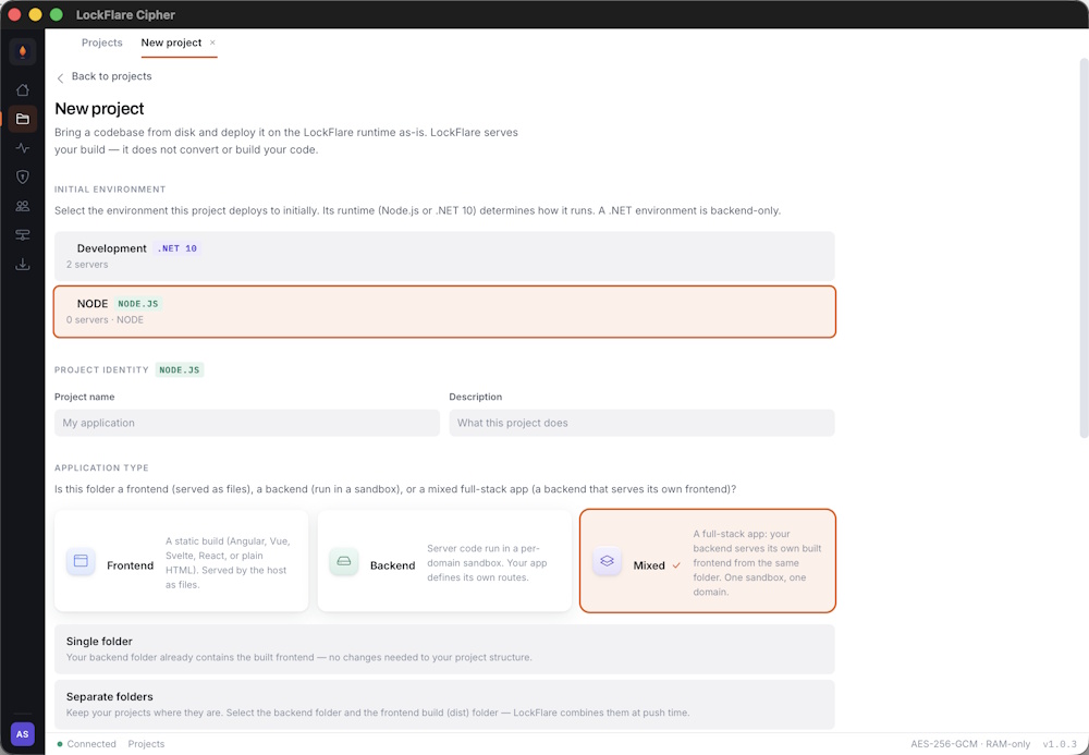 Creating a project — name, runtime and source folder