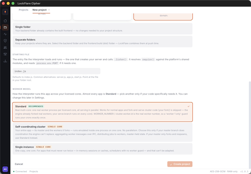 Creating a project — environments and worker model