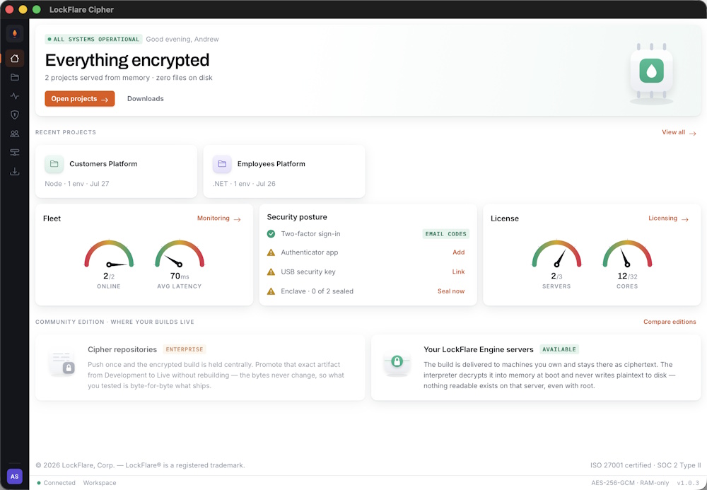 LockFlare Cipher: projects served from memory, the fleet's status and the licenses, in the desktop app