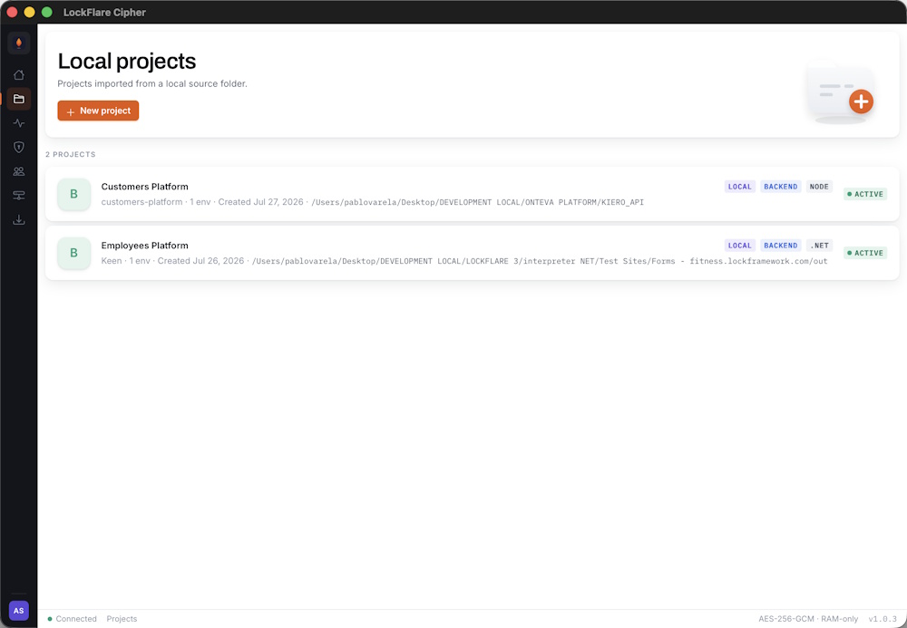 The projects list in LockFlare Cipher