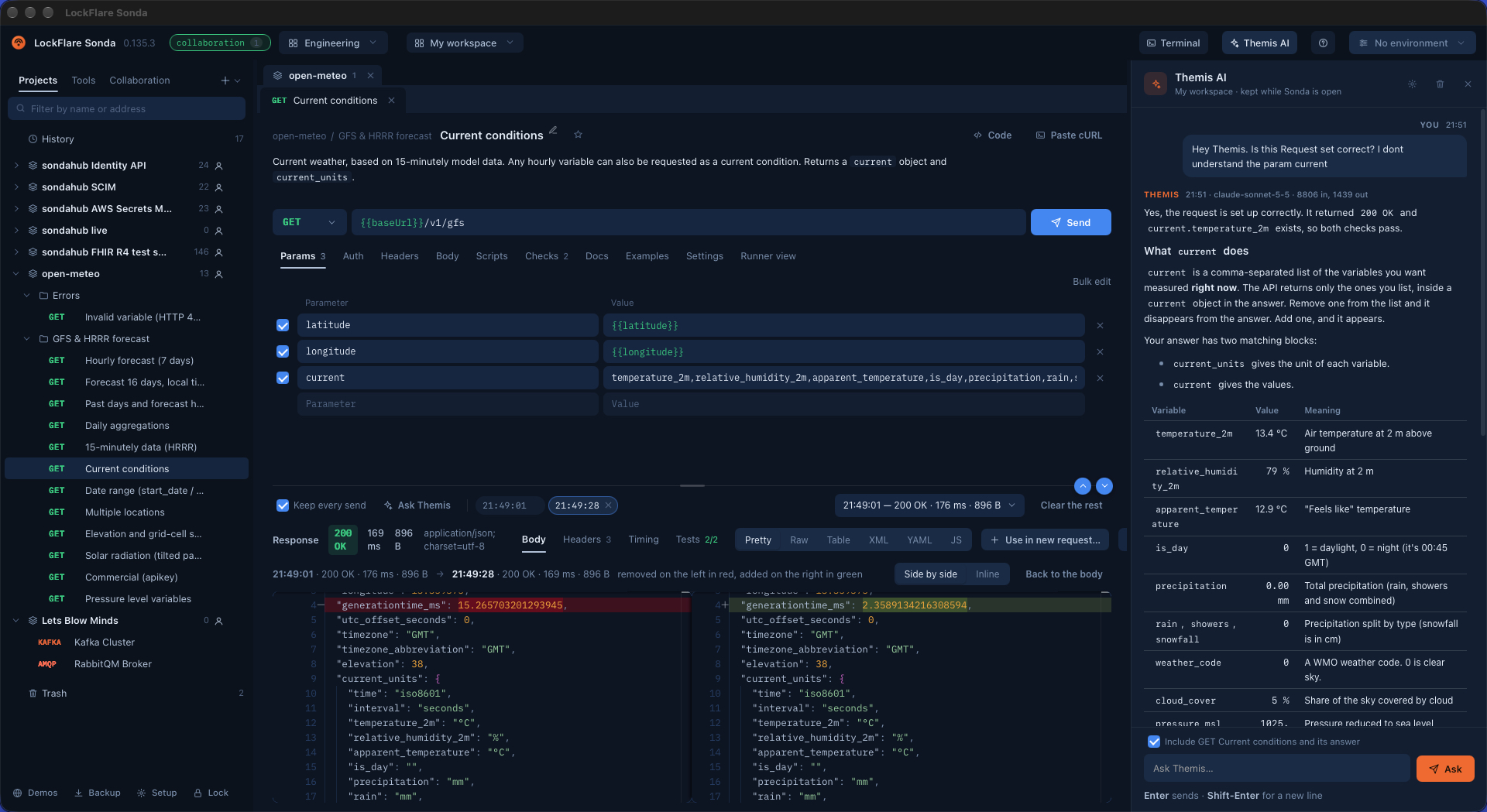 LockFlare Sonda: a request to a live API, two sends compared side by side