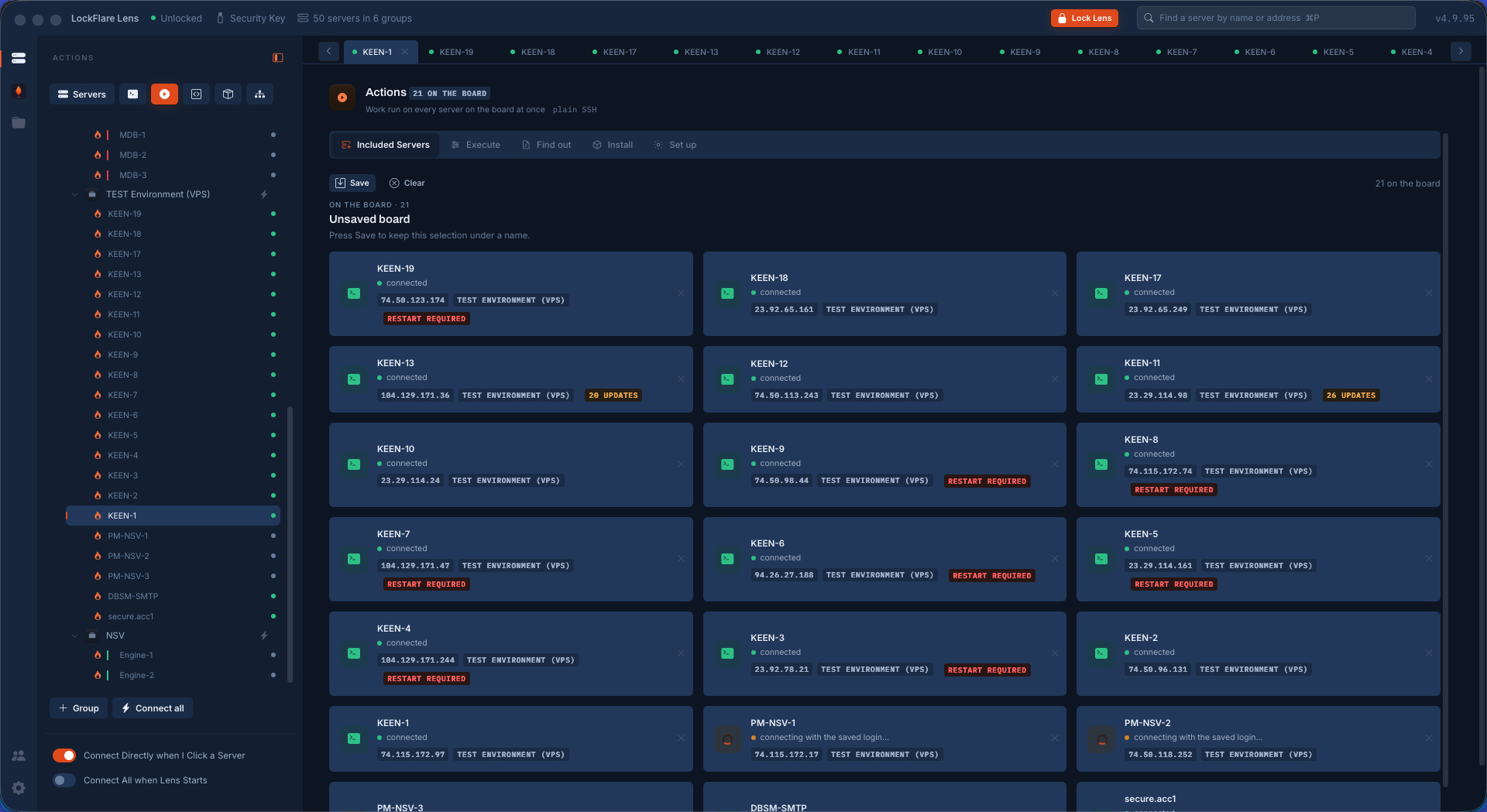 The Actions board in LockFlare Lens: twenty-one servers as cards, each showing whether it is connected, its address, its group and what it is waiting on