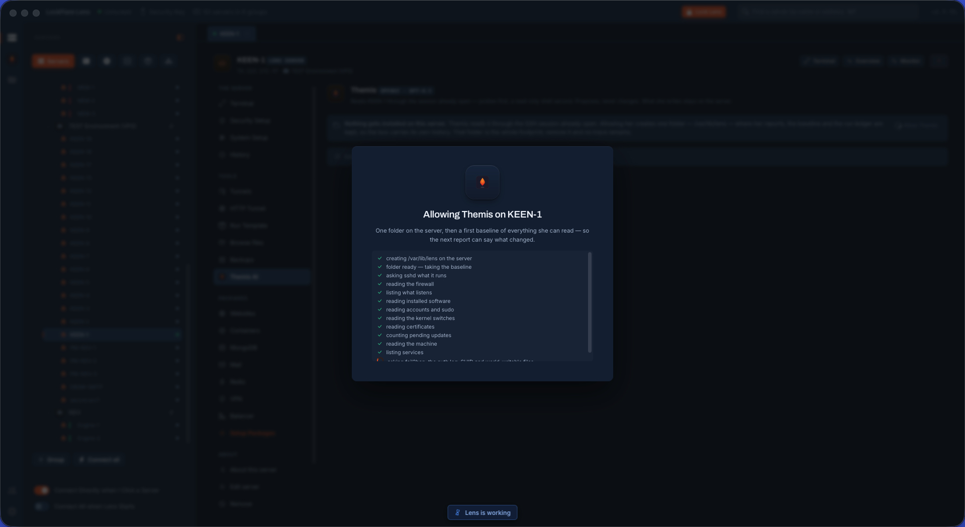 Allowing Themis on a server in LockFlare Lens: one folder is created and nothing else