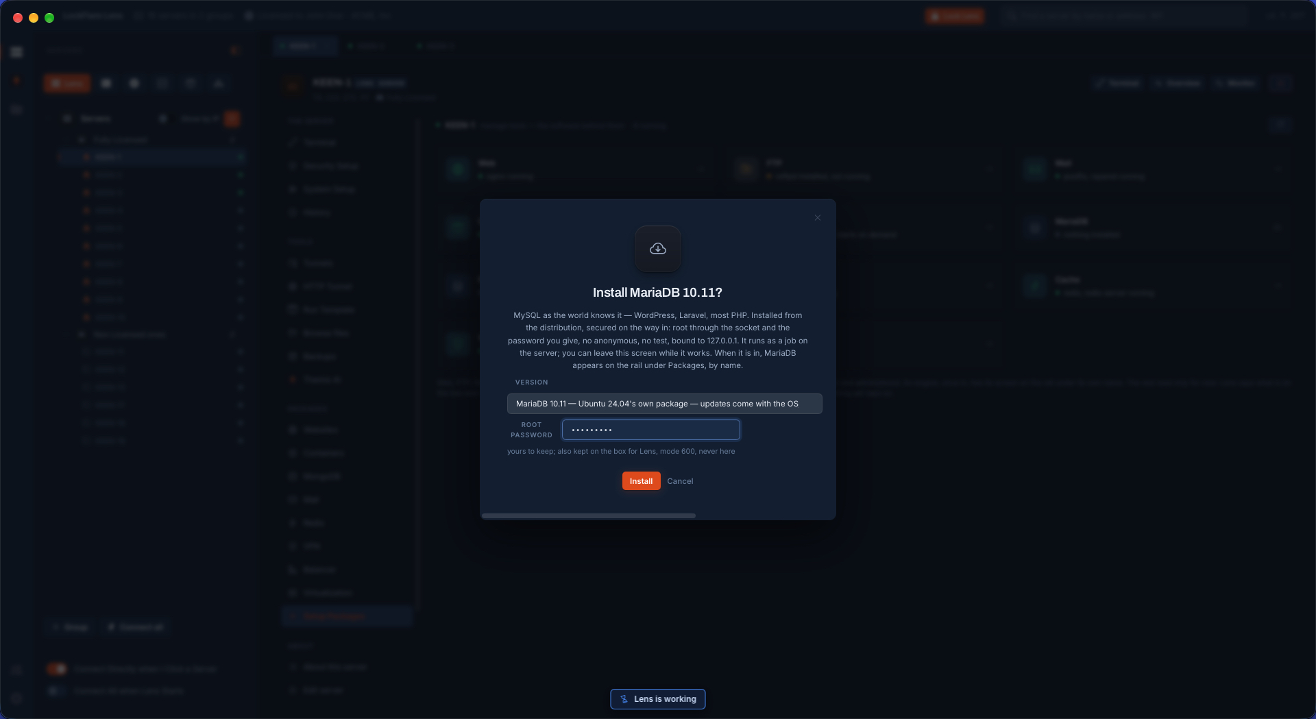 Installing MariaDB 10.11 from LockFlare Vigia: the version from the distribution, the root password, and what is secured on the way in — root through the socket, no anonymous account, no test database, bound to 127.0.0.1