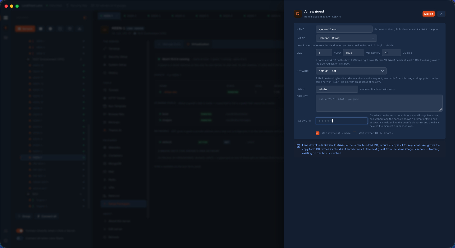 Creating a guest from a cloud image in LockFlare Lens: name, image, size against what the host has free, network, login, SSH key and a console password