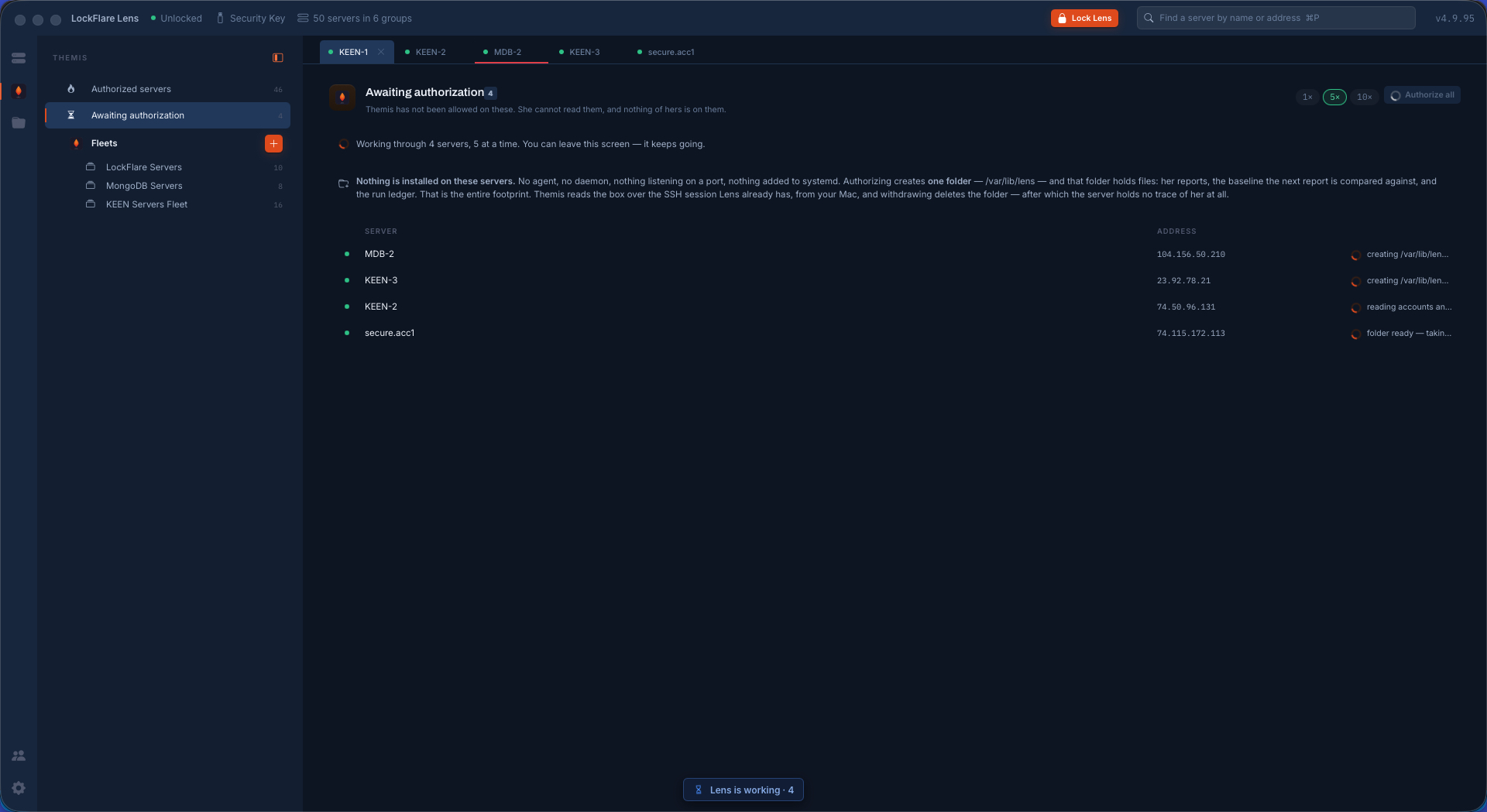 Authorizing several servers at once in LockFlare Lens, five at a time, each row reporting what it is doing