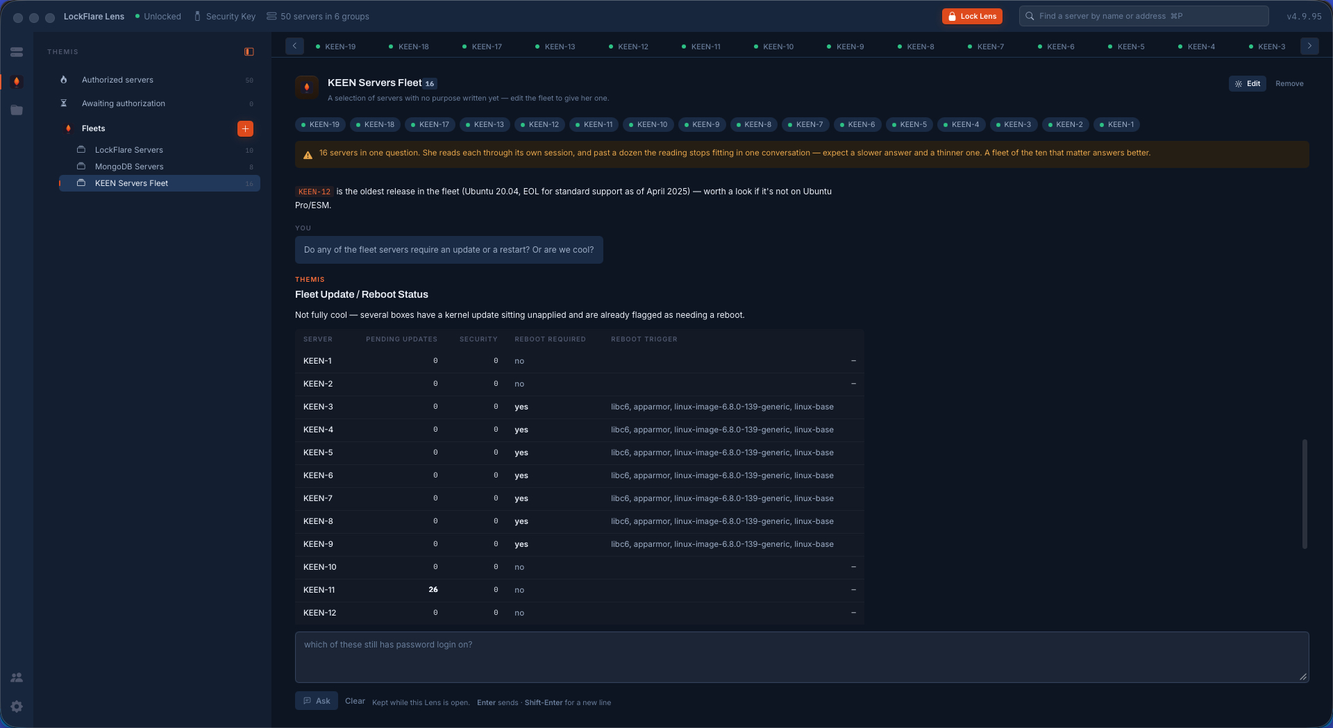 A follow-up in LockFlare Lens: which fleet servers need updates or a reboot, with the packages that triggered it