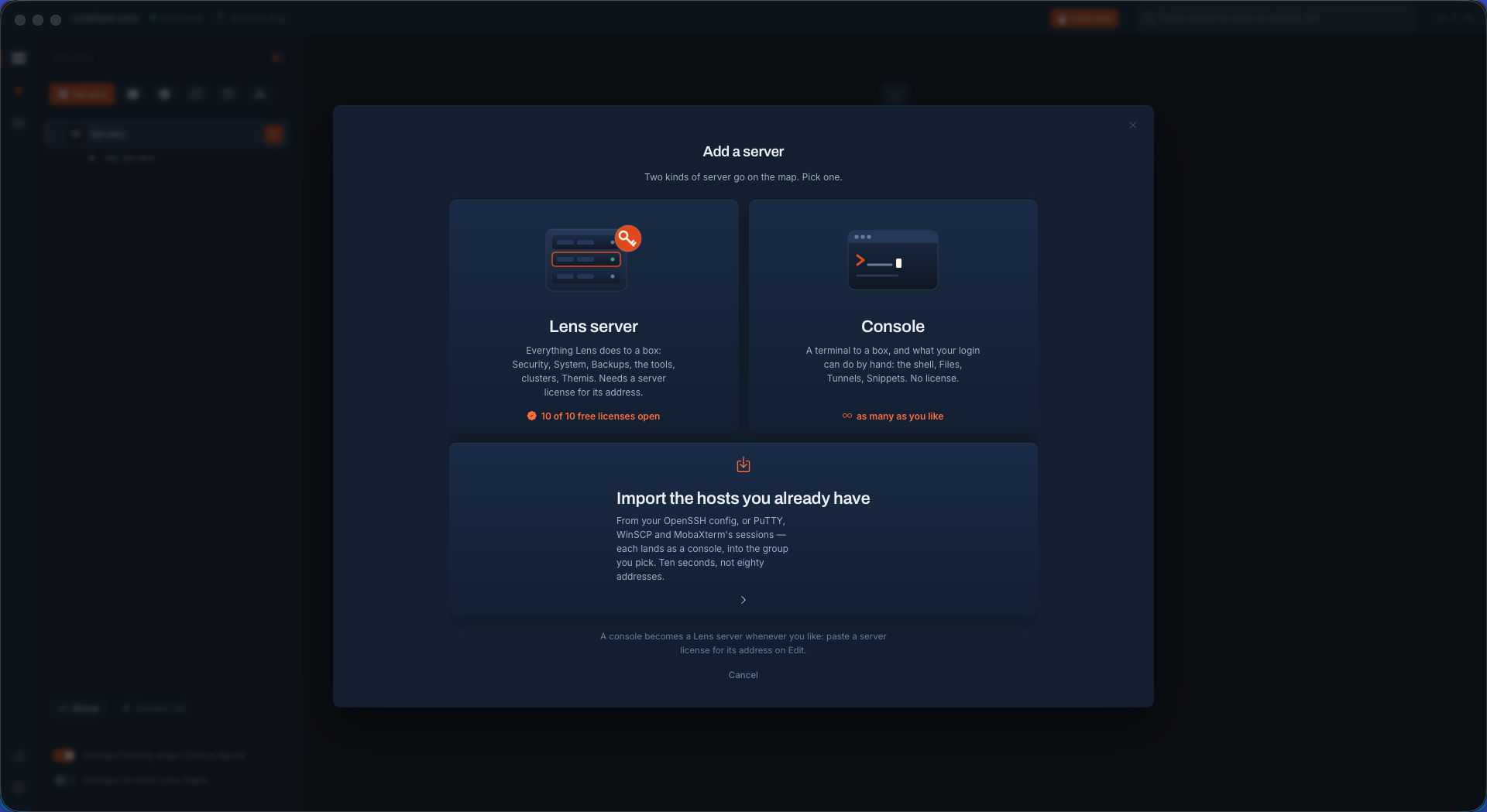 Add a server in LockFlare Lens: a Lens-managed server or a console