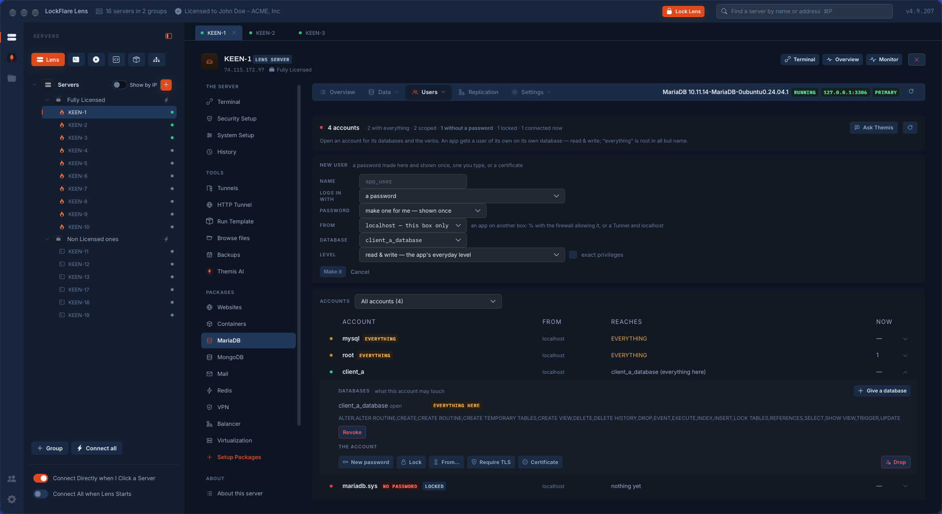 MariaDB users in LockFlare Vigia: four accounts with what each reaches, one opened to show its database and privileges, and a new user form with password, origin, database and level