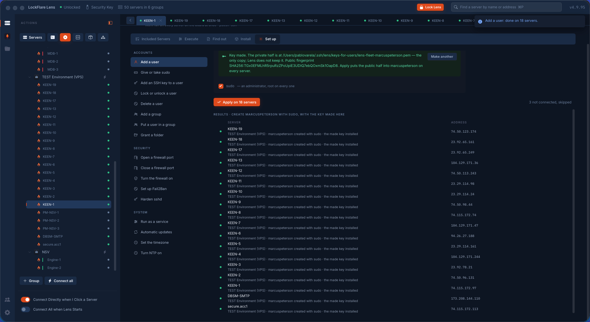 Eighteen rows in LockFlare Lens, one per server, reporting the account created