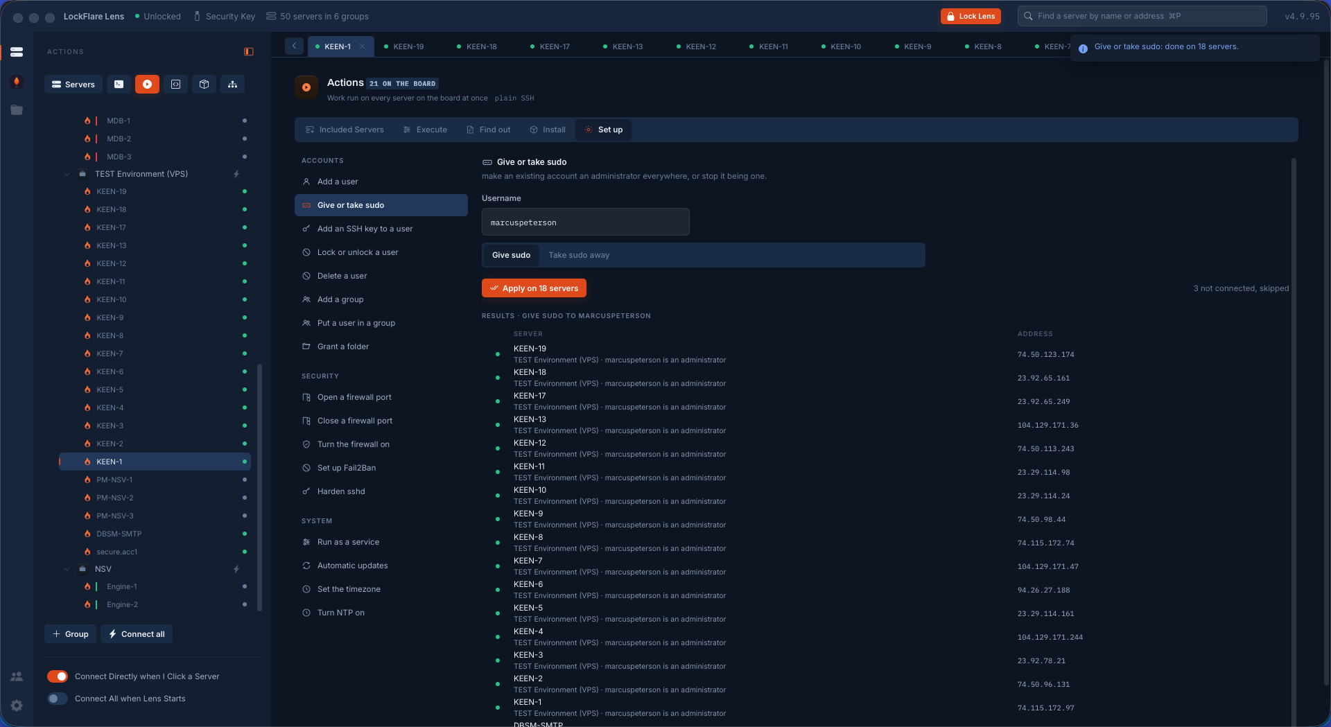 Granting sudo to an account across the whole board in LockFlare Lens
