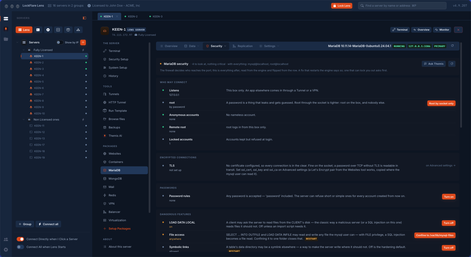 MariaDB security in LockFlare Vigia: who may connect, whether connections are encrypted, password rules and the dangerous features, each as a verdict in words with its fix on the row