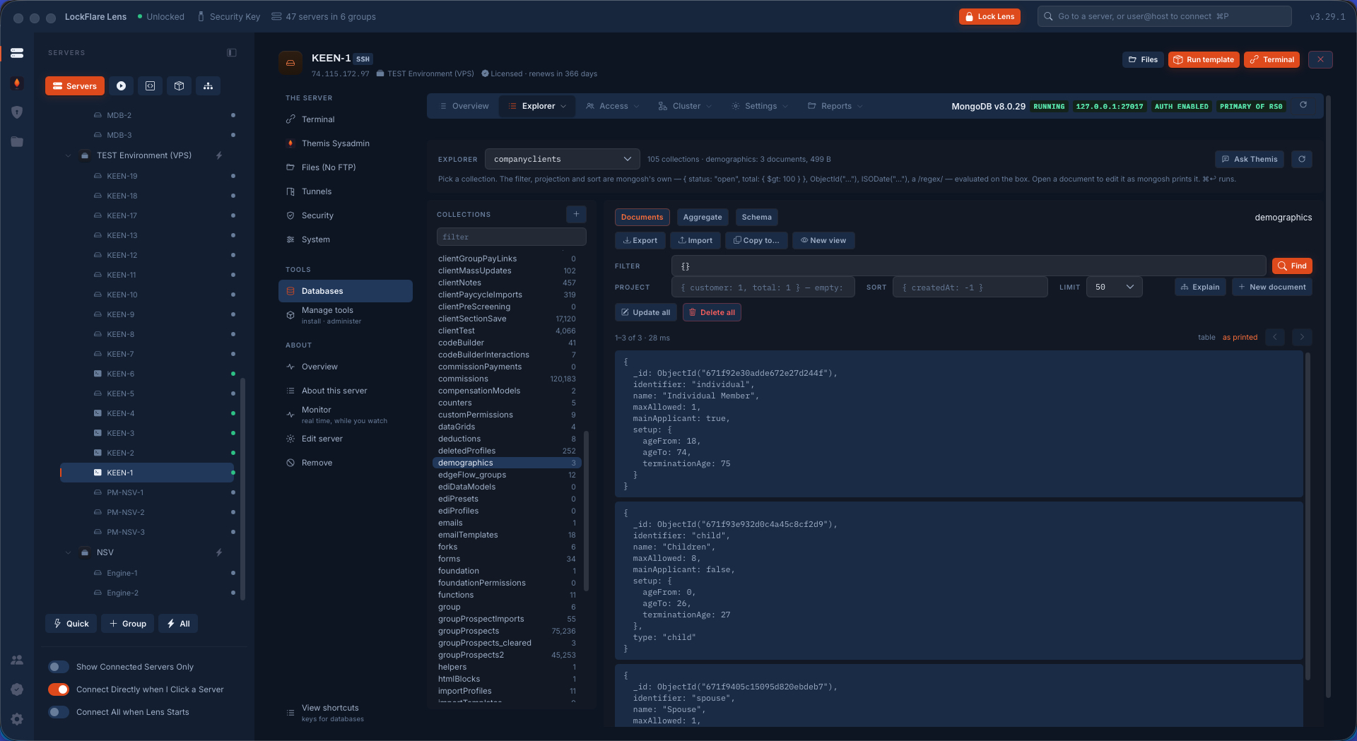 The database explorer on a collection