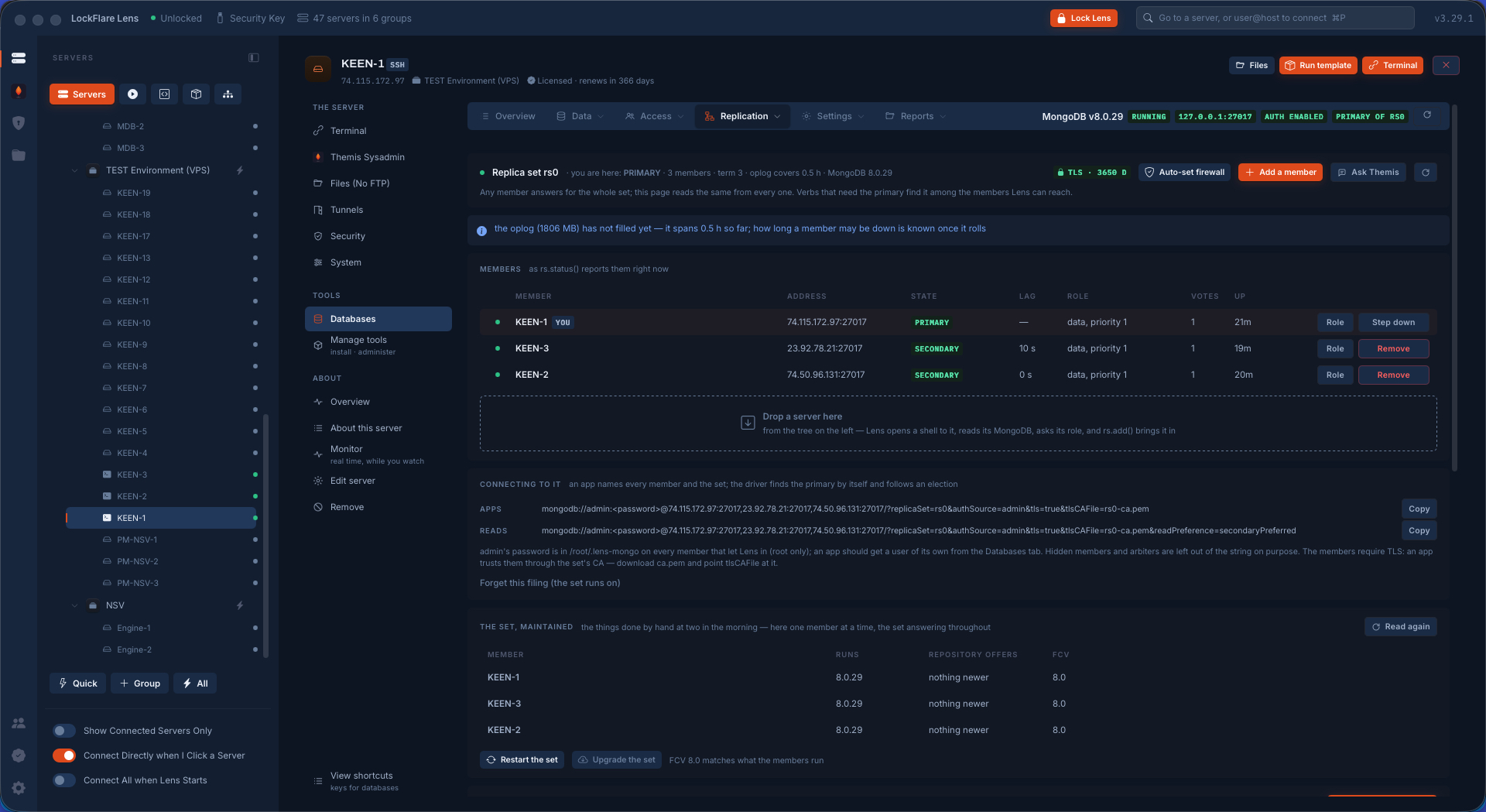 The replication page in LockFlare Lens: every member as it reports itself, with the set drawn on the wire