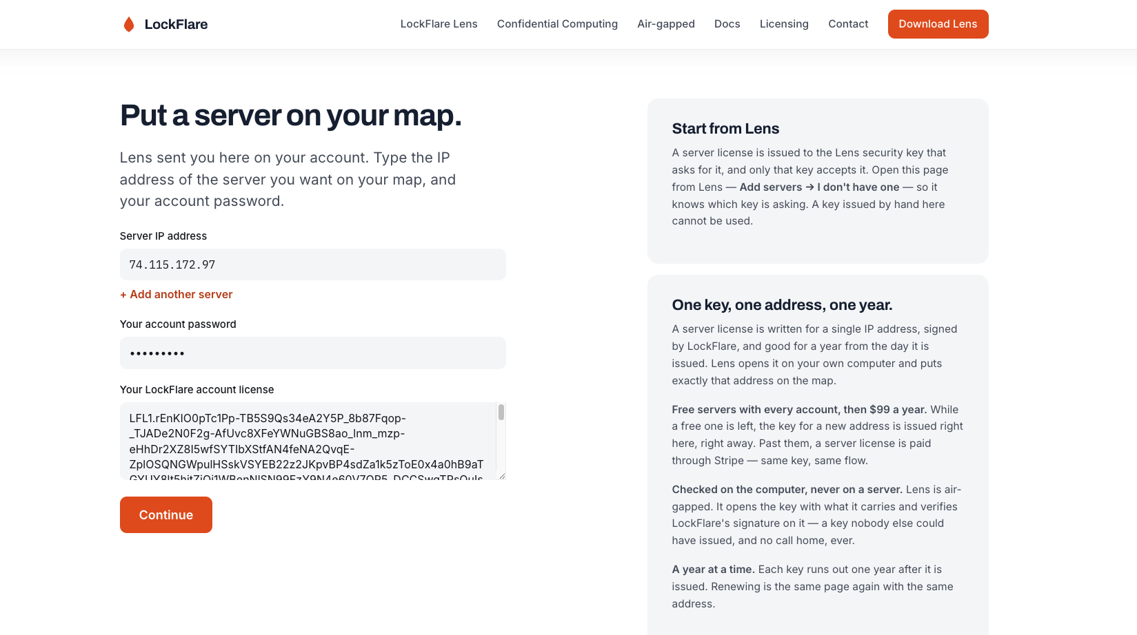 The licence page: the server's IP address and the account password