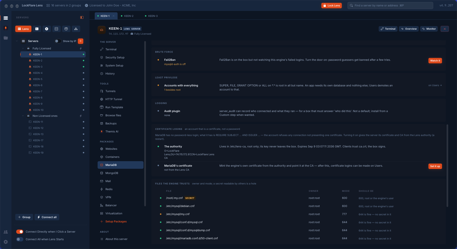 More MariaDB security in LockFlare Vigia: Fail2Ban on failed logins, accounts with every privilege, the audit plugin, certificate logins from the Vigia authority, and the configuration files with their owner and mode