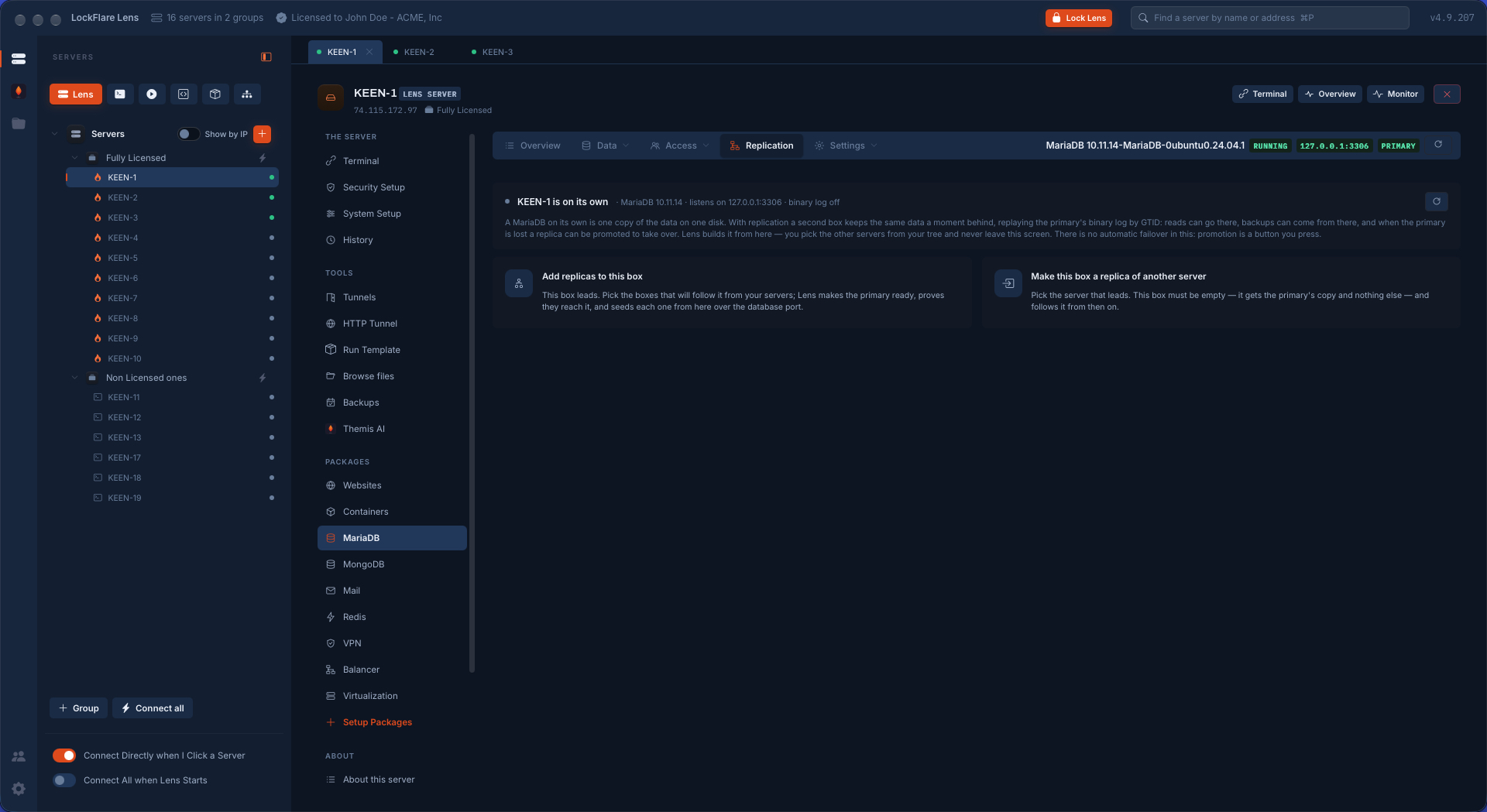 Starting MariaDB replication in LockFlare Vigia: add replicas to this box, or make this box a replica of another server