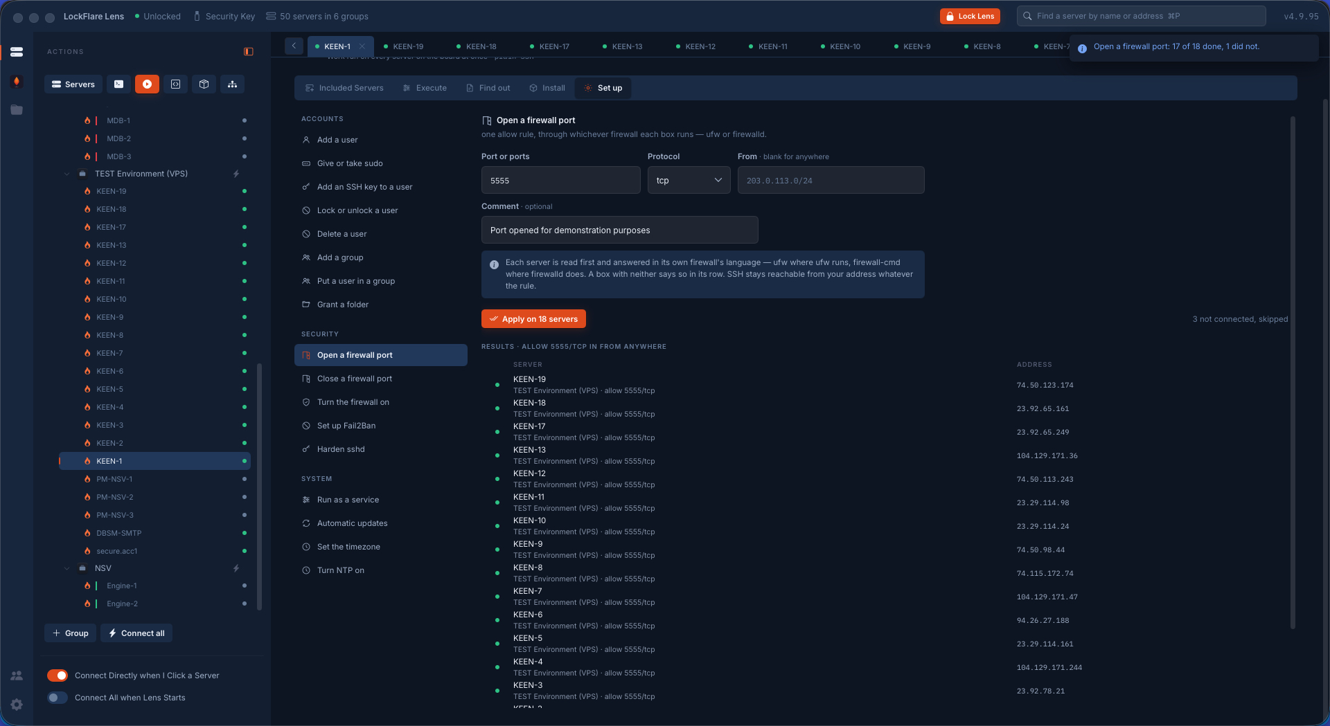 Opening a firewall port across a board of servers in LockFlare Lens, reading each box's firewall first