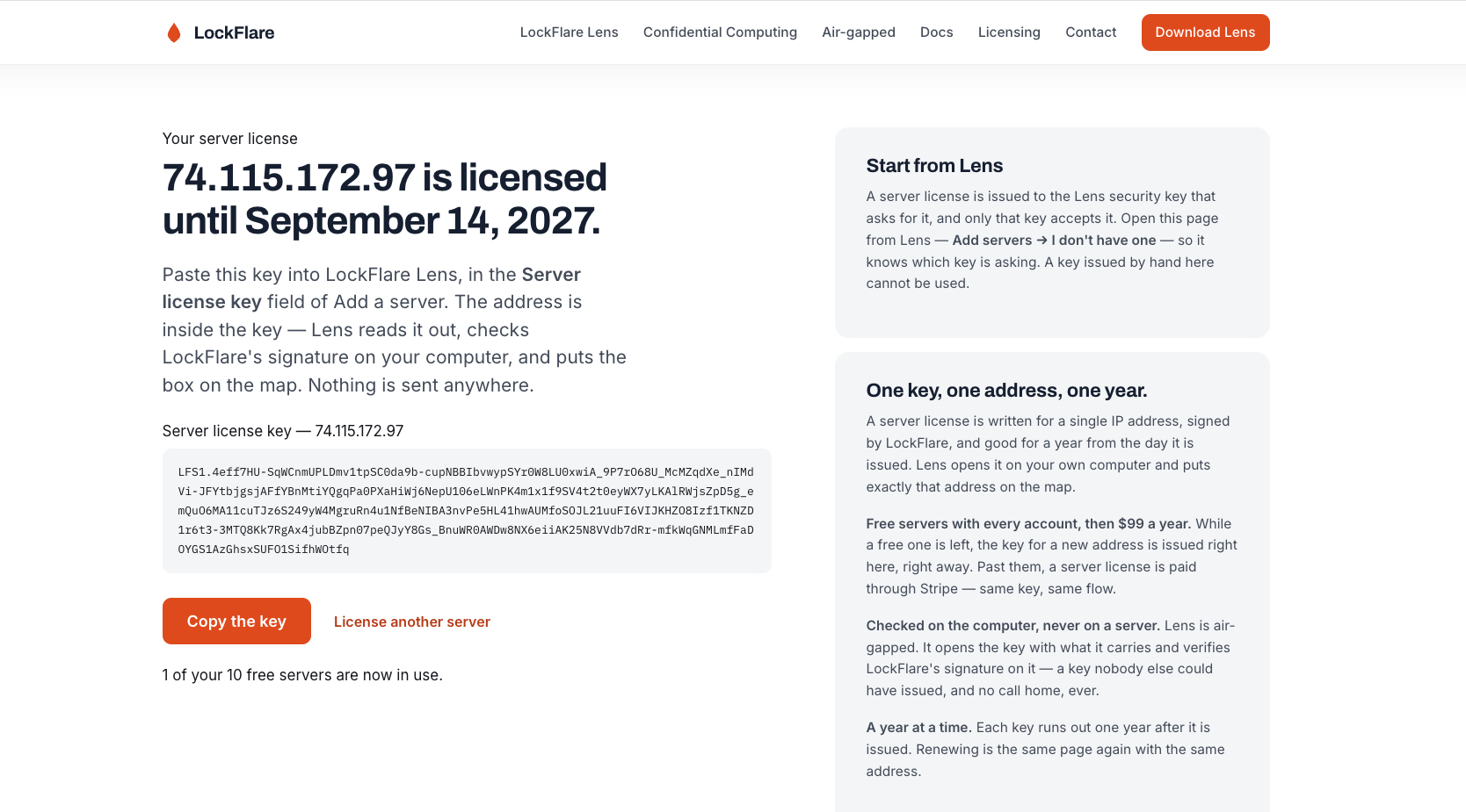 The server licence key, ready to copy