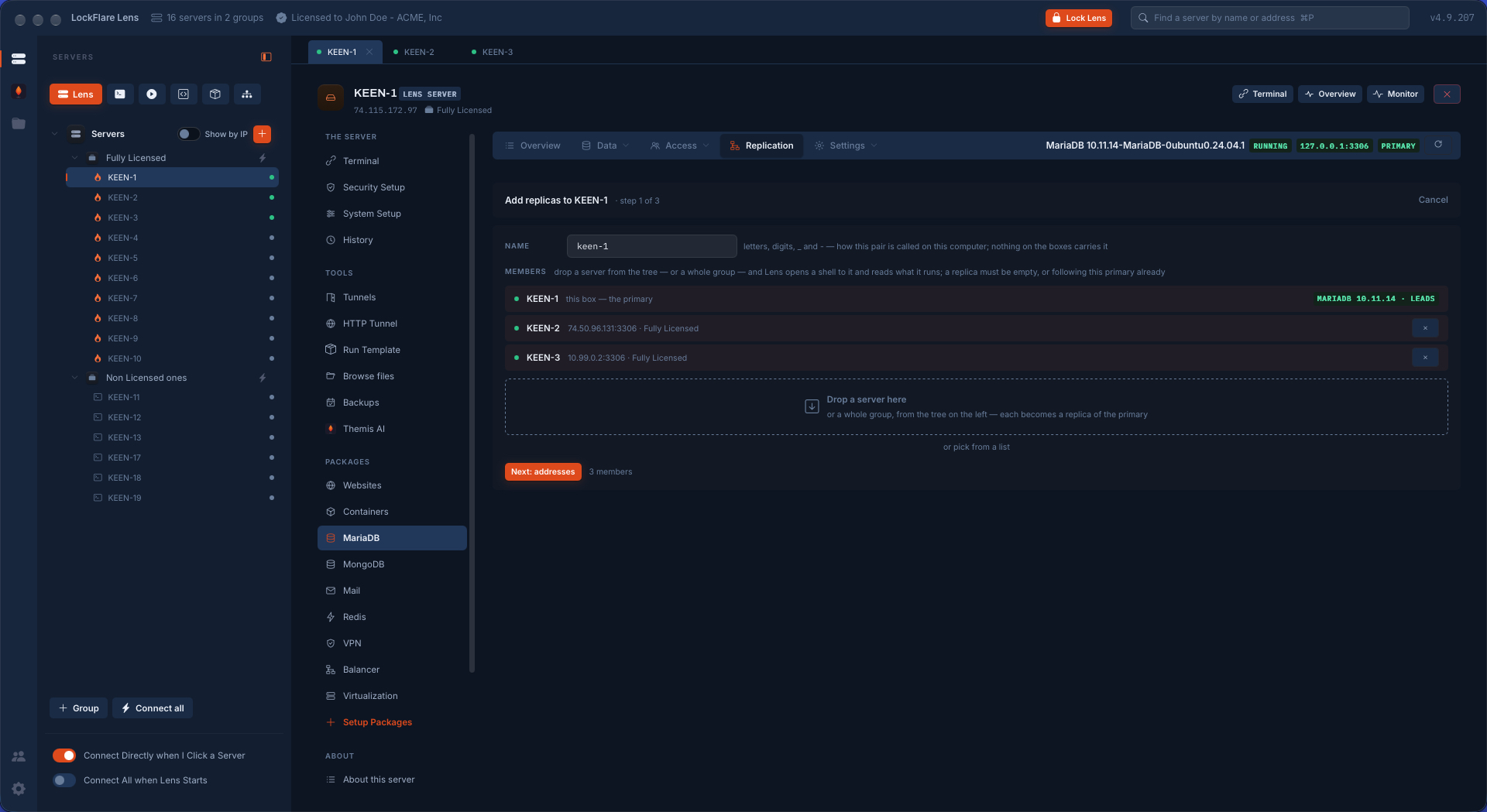 Two servers dropped from the tree as MariaDB replicas in LockFlare Vigia, each read as it landed