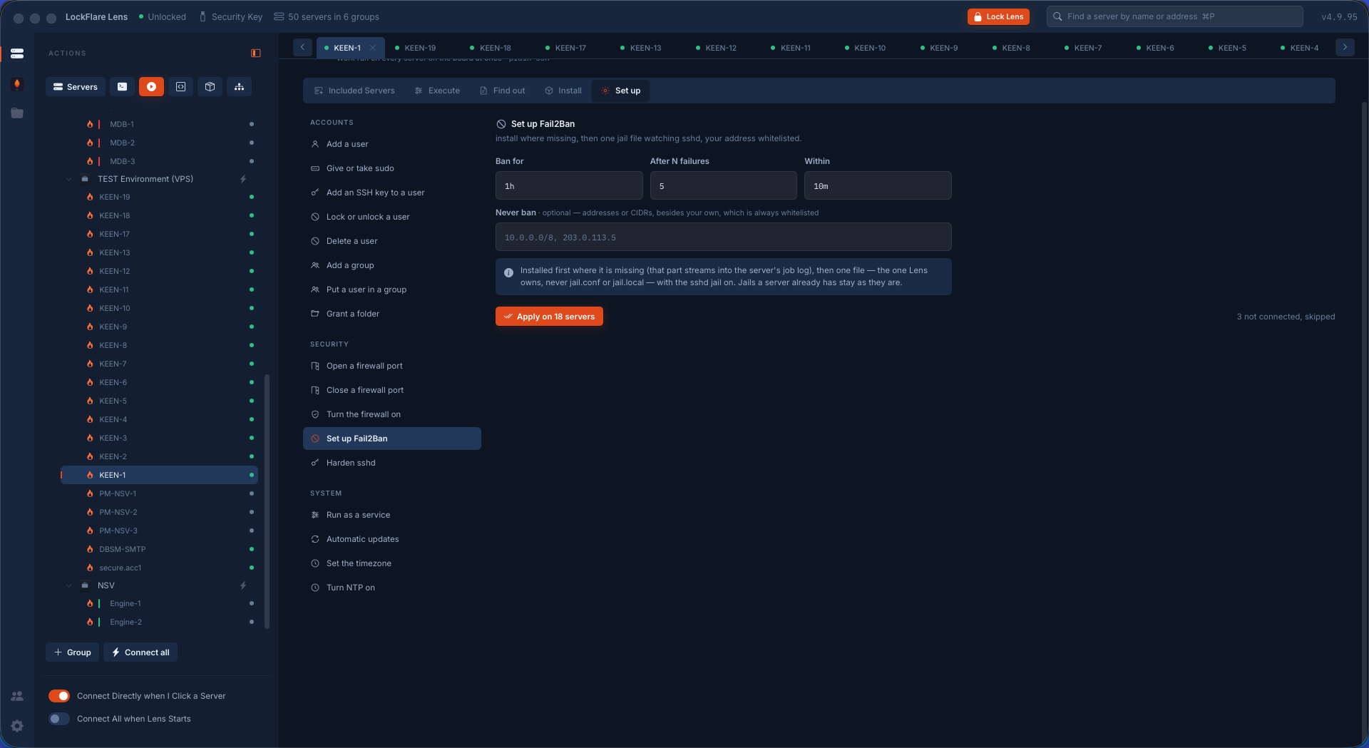 Setting up Fail2Ban across a fleet of selected servers in LockFlare Lens