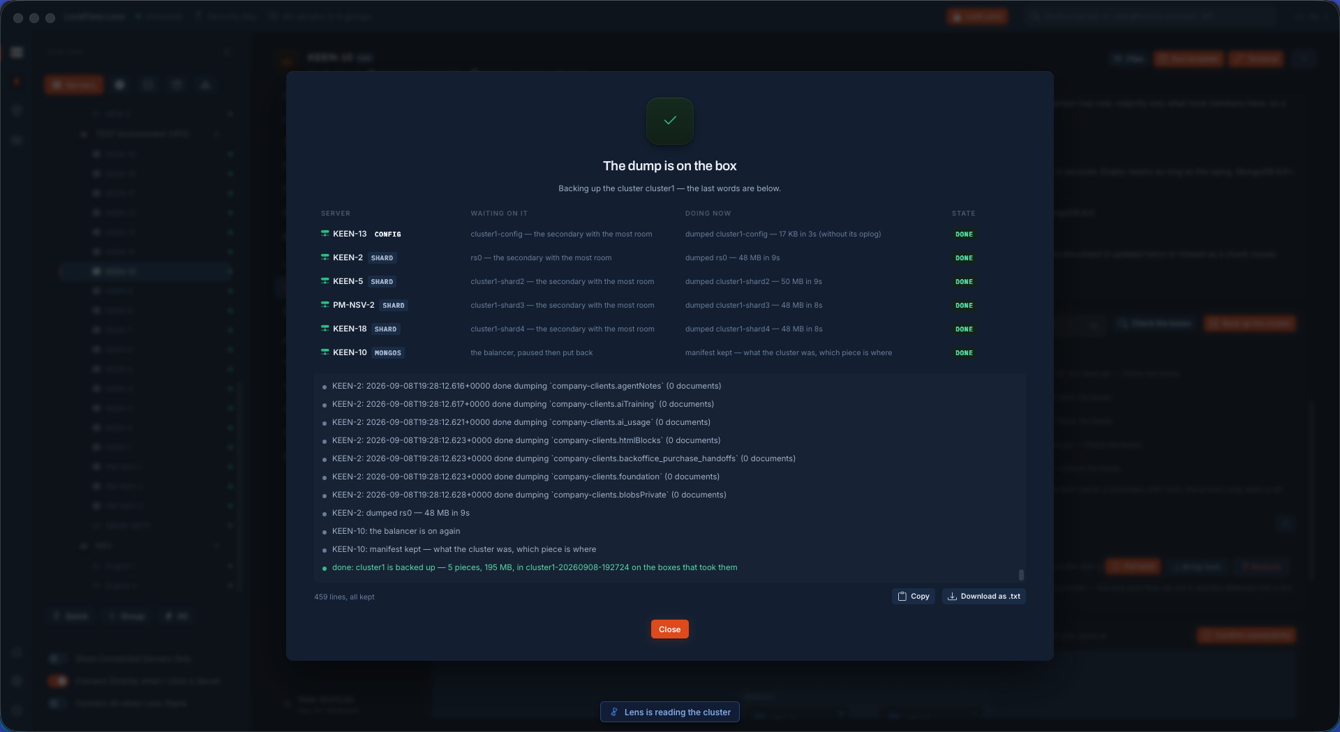 The cluster backup finished