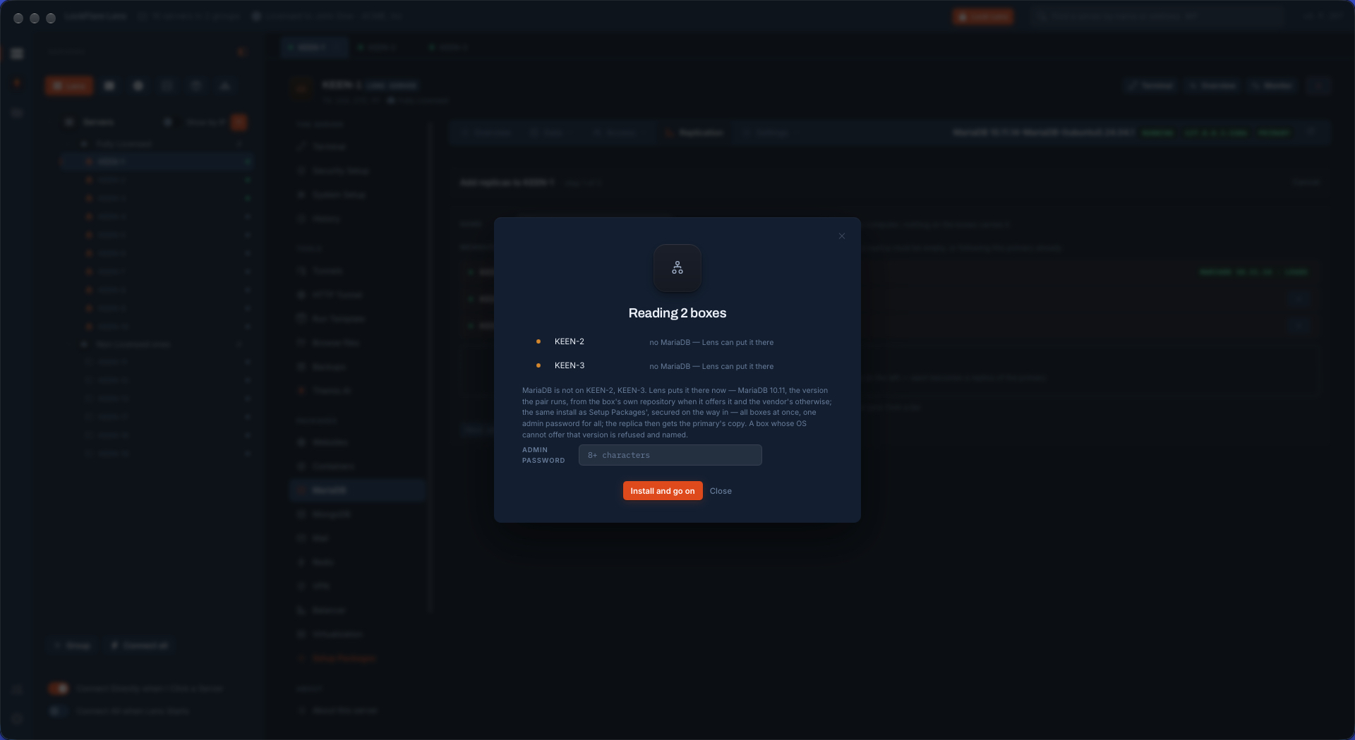 LockFlare Vigia finding that two servers dropped as replicas have no MariaDB and offering to install the pair's version on both at once