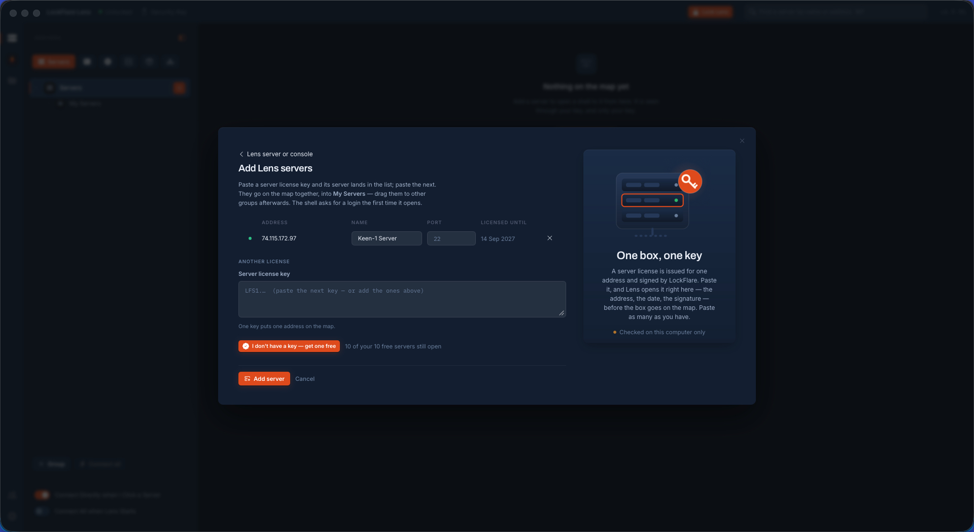 The server licence pasted into LockFlare Lens