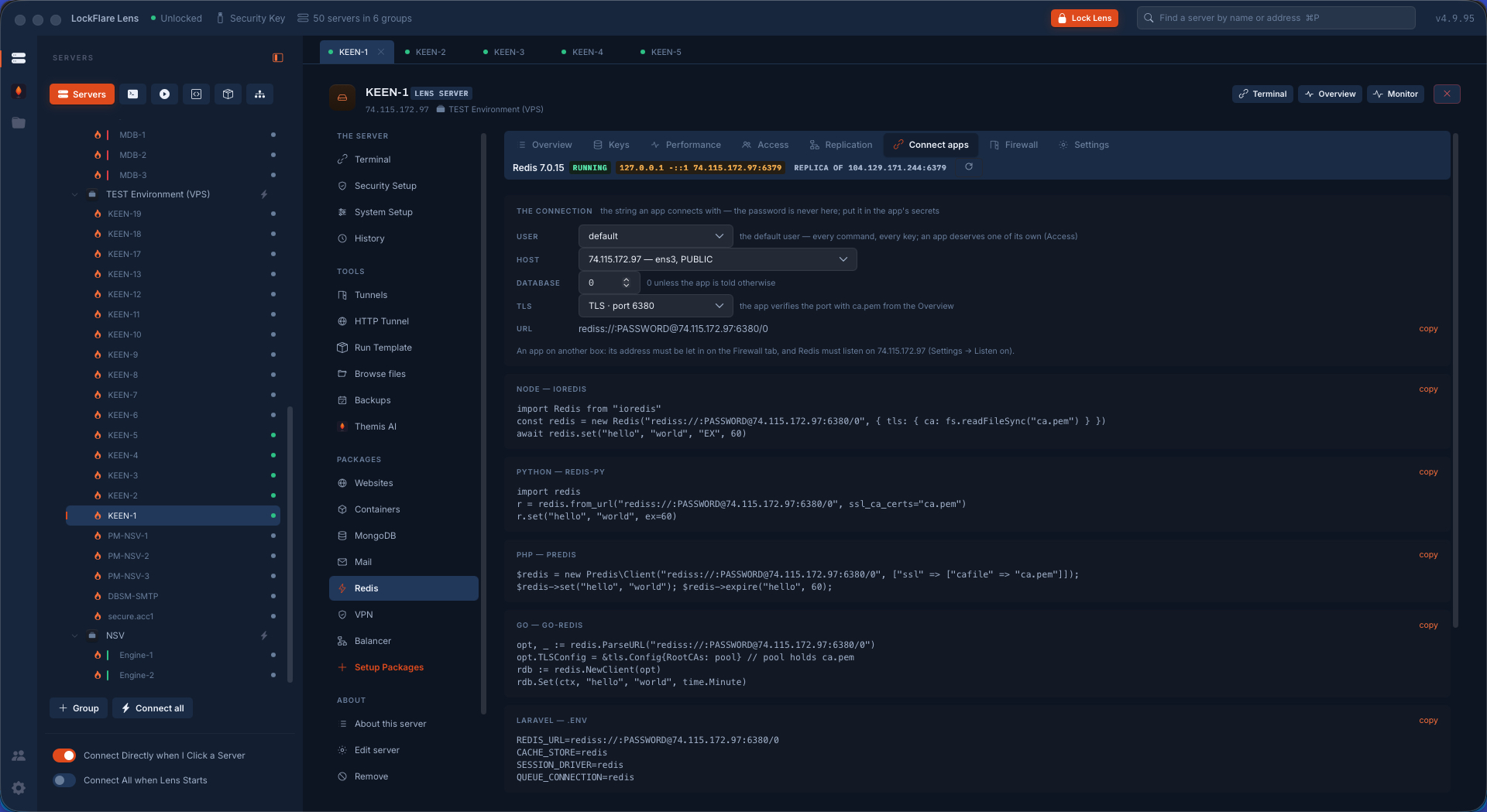 Connect apps in LockFlare Lens: the connection built from user, host, database and TLS, then the same string as code for ioredis, redis-py, Predis, go-redis and a Laravel .env