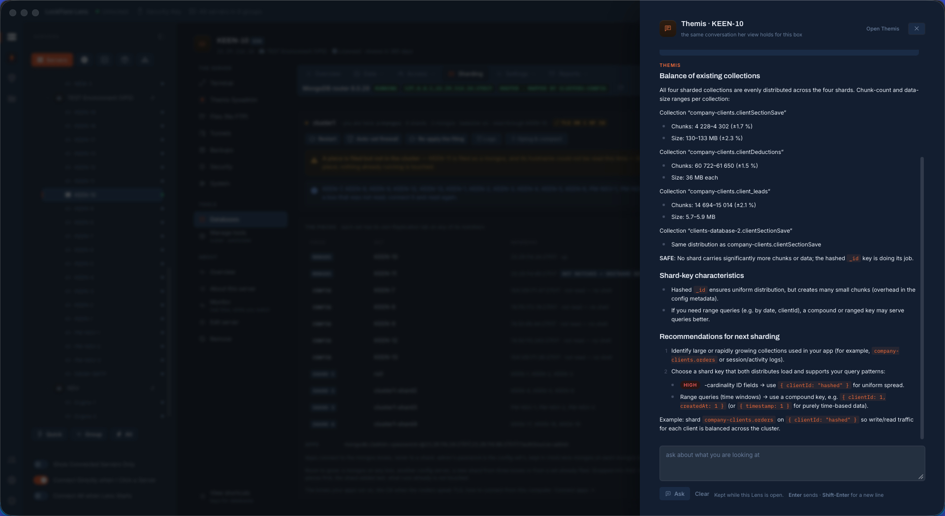 Themis AI recommendations for a MongoDB cluster, each with Run, Show me and No