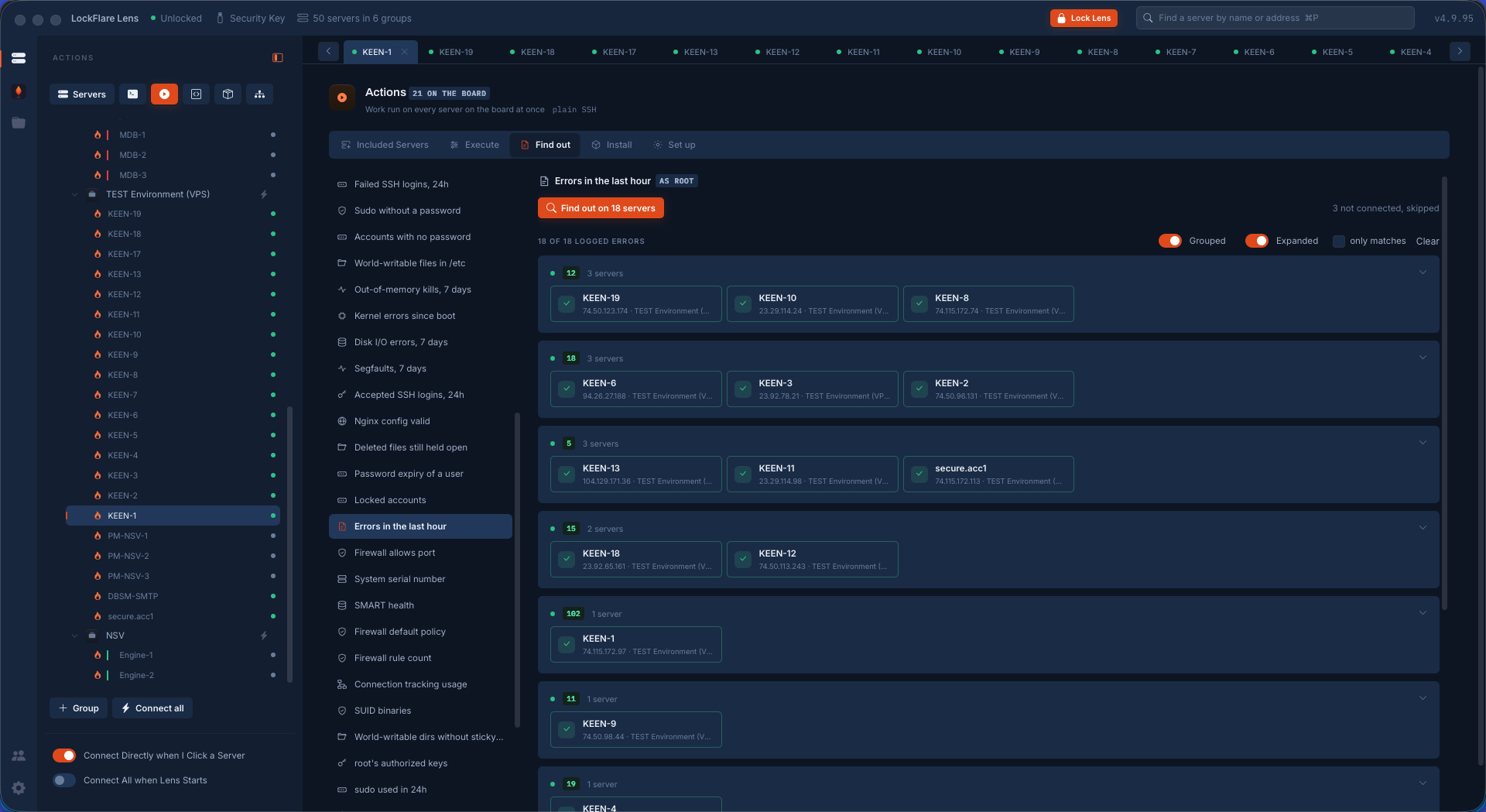 Find out in LockFlare Lens: errors in the last hour on eighteen servers, grouped by count