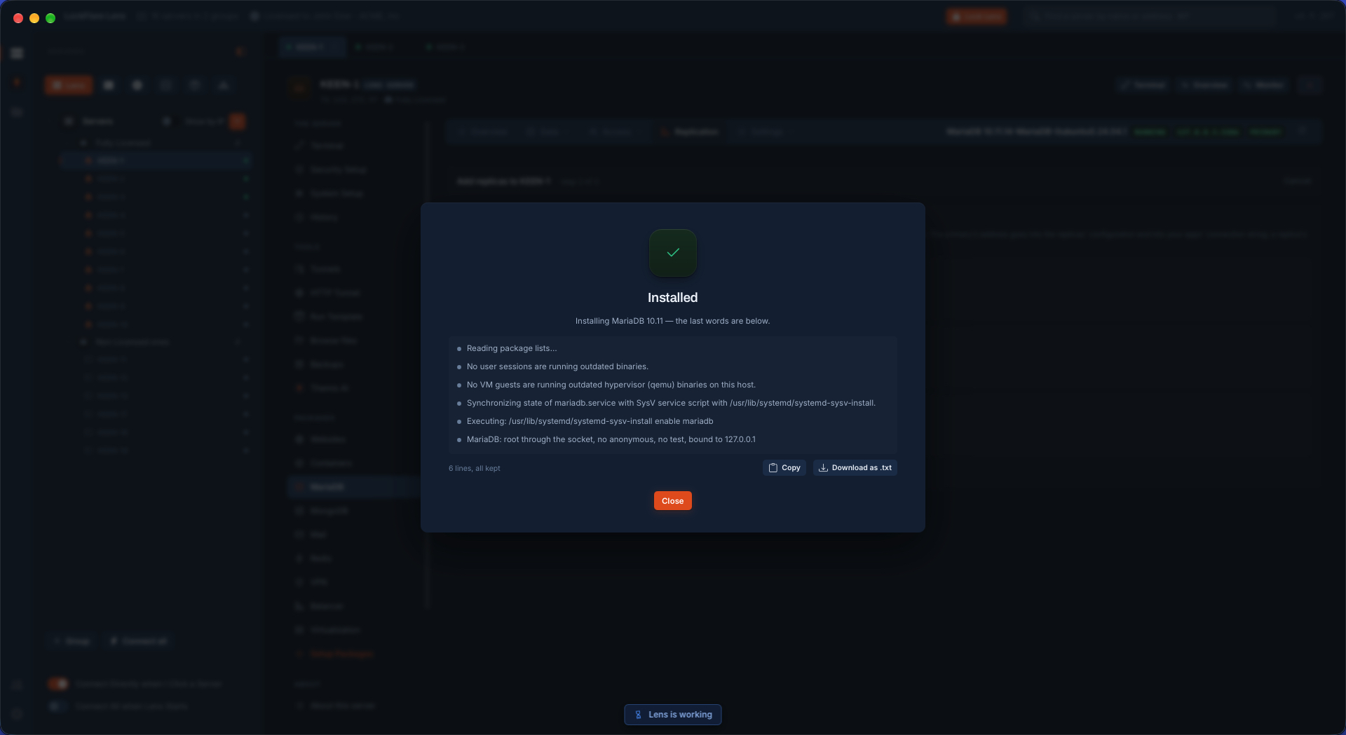 MariaDB installed on the replicas from LockFlare Vigia, the job's last lines kept and downloadable