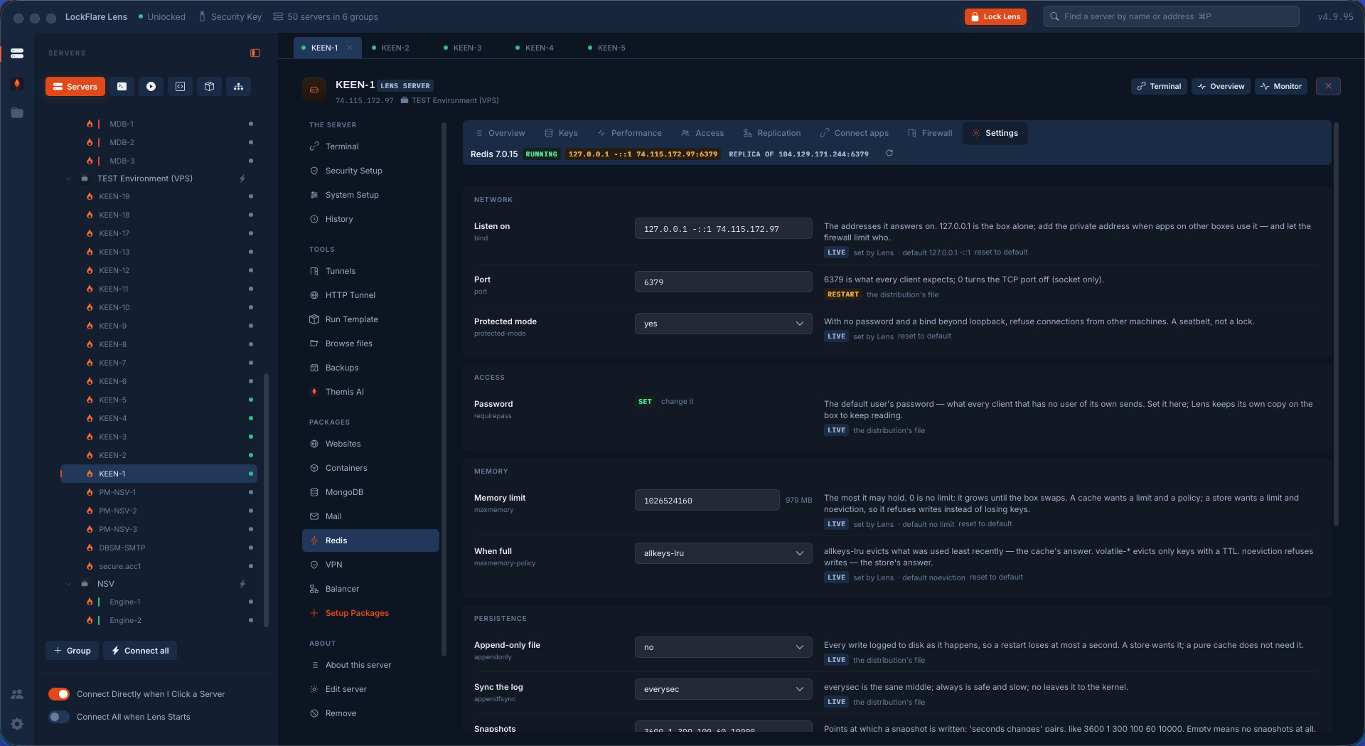 Redis settings in LockFlare Lens: network, access, memory and persistence as rows explained in words, each marked live or restart-due