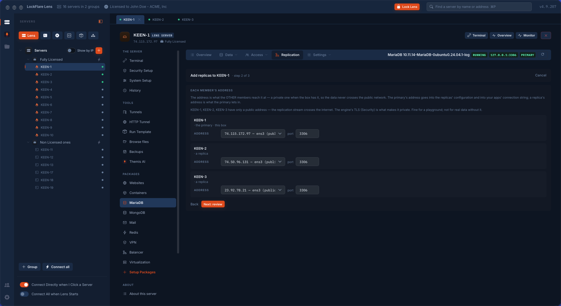 Choosing each MariaDB member's address in LockFlare Vigia, with a warning that public addresses send the replication stream across the internet