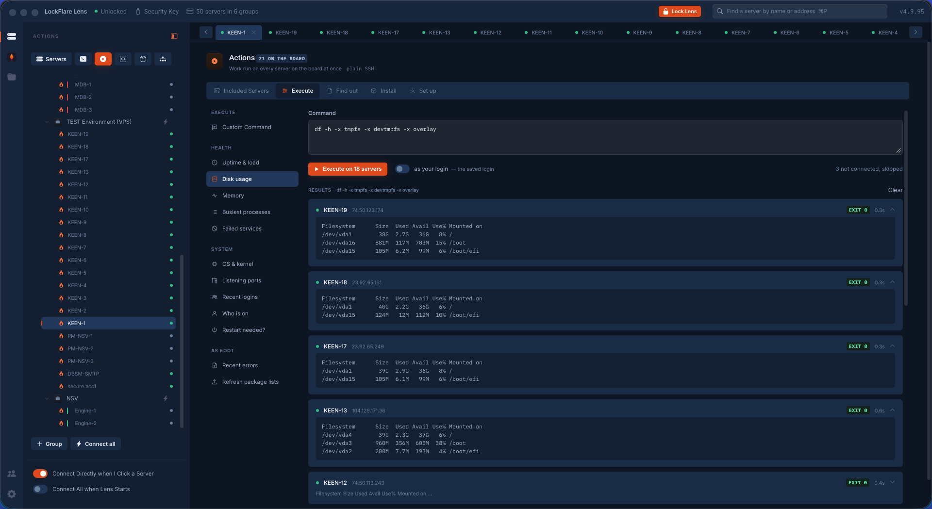 Execute in LockFlare Lens: one disk-usage command run on eighteen servers, each answering in its own card with its exit code and timing