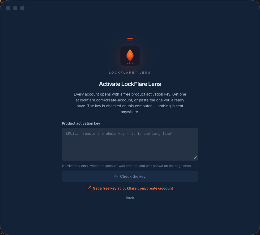 Activate LockFlare Lens: paste the product activation key, or follow the link to get one free