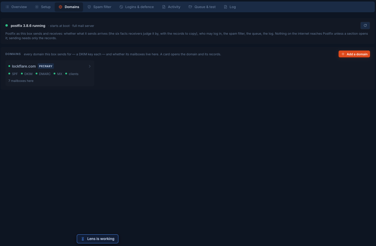 The Domains tab of the mail server in LockFlare Vigia: lockflare.com as the primary domain with SPF, DKIM, DMARC, MX and client setup all green, and seven mailboxes living on the box