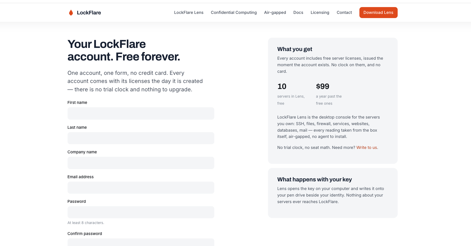 The create-account form on lockflare.com: one page, no credit card, ten servers free