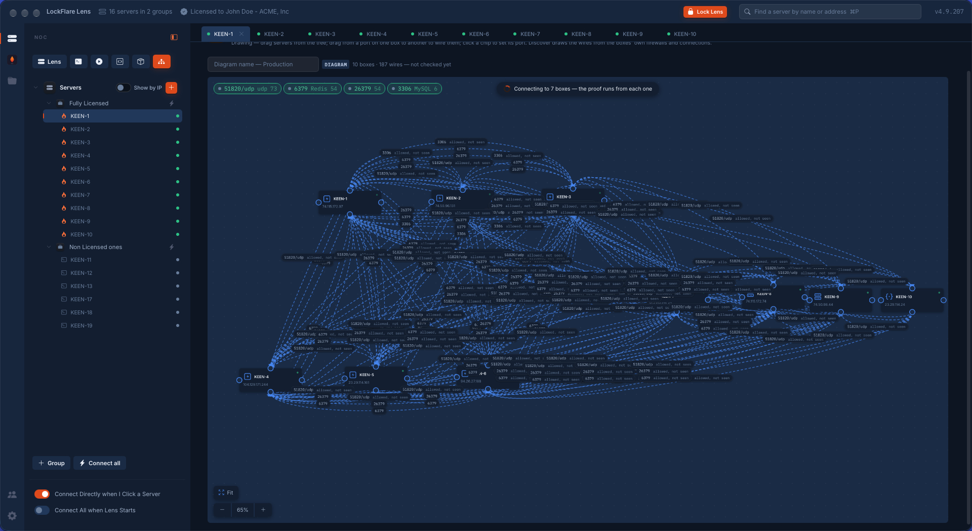 LockFlare Vigia discovering how ten servers connect: 187 wires drawn from their own firewalls and connections