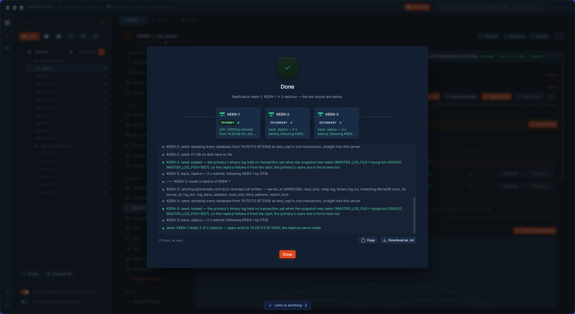 MariaDB replication finished in LockFlare Vigia: both replicas seeded from the primary, zero seconds behind and following by GTID, every line of the job kept