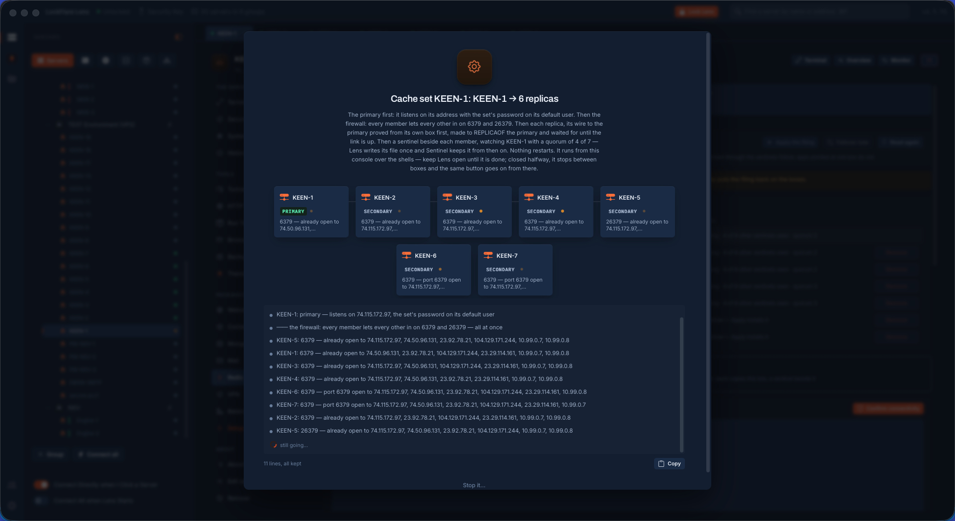 Building a Redis Sentinel set in LockFlare Lens: the order of operations written on the job, a card per box, and the firewall opening every member to every other