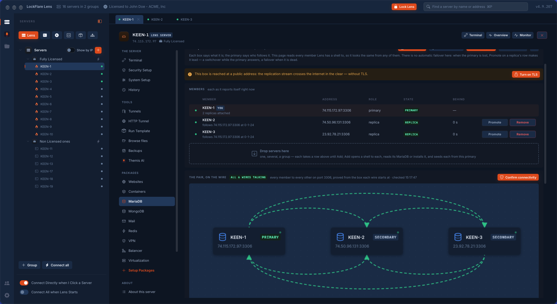 MariaDB replication in LockFlare Vigia: a primary and two replicas with all six wires proved