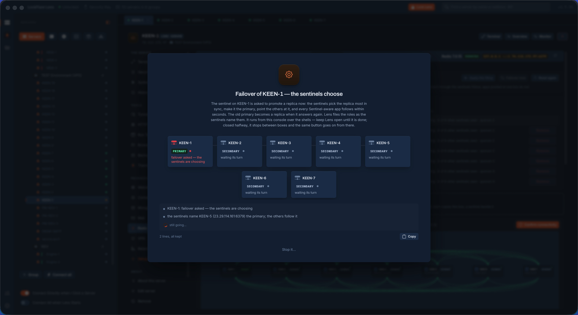 A failover in LockFlare Lens: the sentinels are asked to promote now, and the log names the replica they chose as the new primary