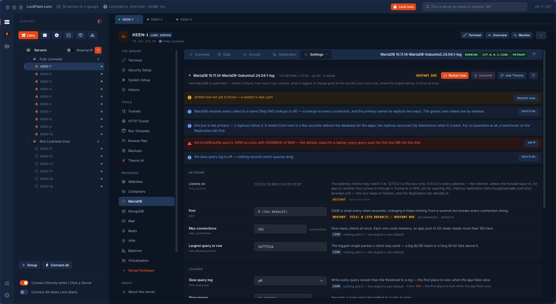 MariaDB settings opening with what matters on this server
