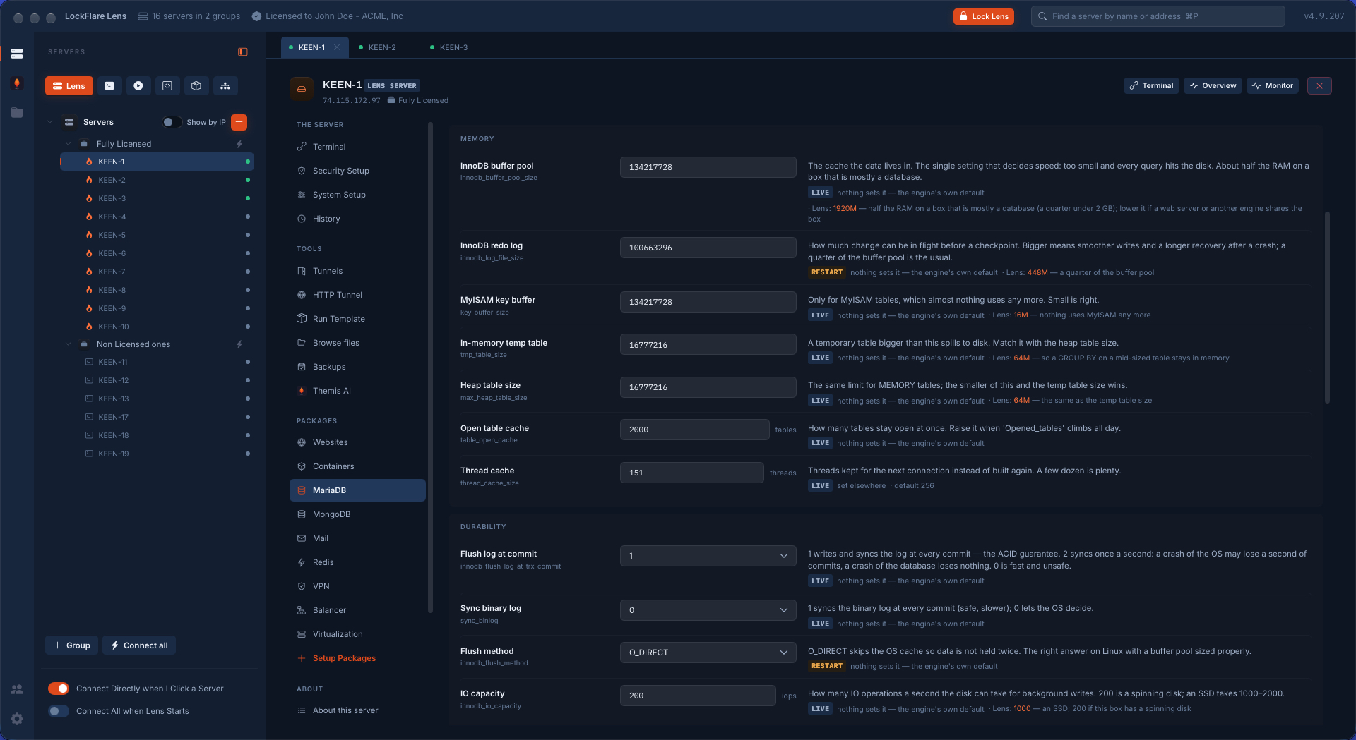Advanced MariaDB settings in LockFlare Vigia: memory and durability settings, each explained in a sentence with the value Vigia would set for this server and why