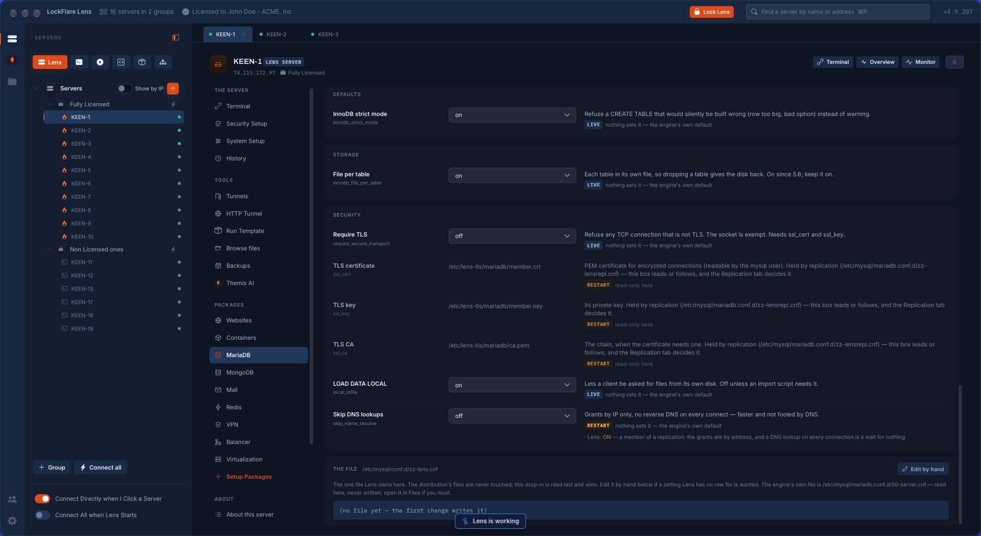 MariaDB security settings in LockFlare Vigia: the TLS certificate, key and CA held by the replication, and the one configuration file Vigia owns