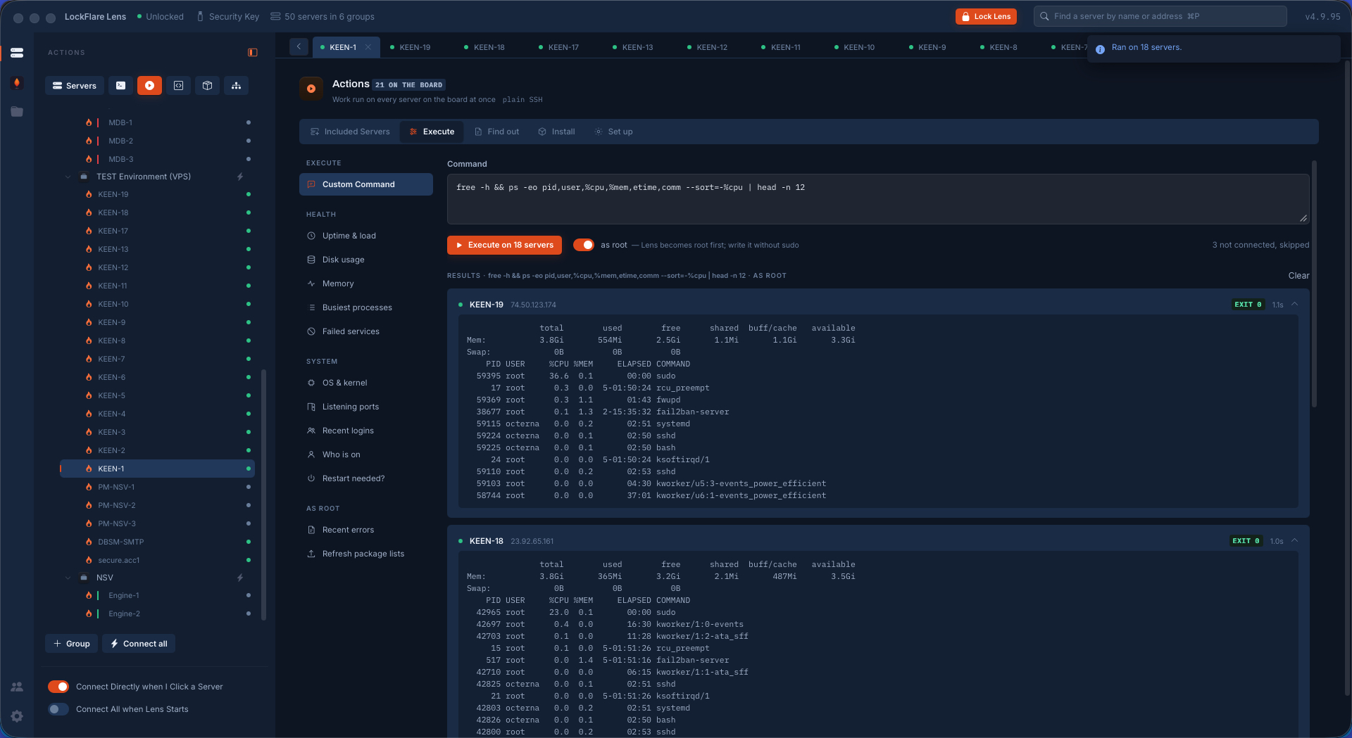 Execute in LockFlare Lens showing memory and the busiest processes across eighteen servers