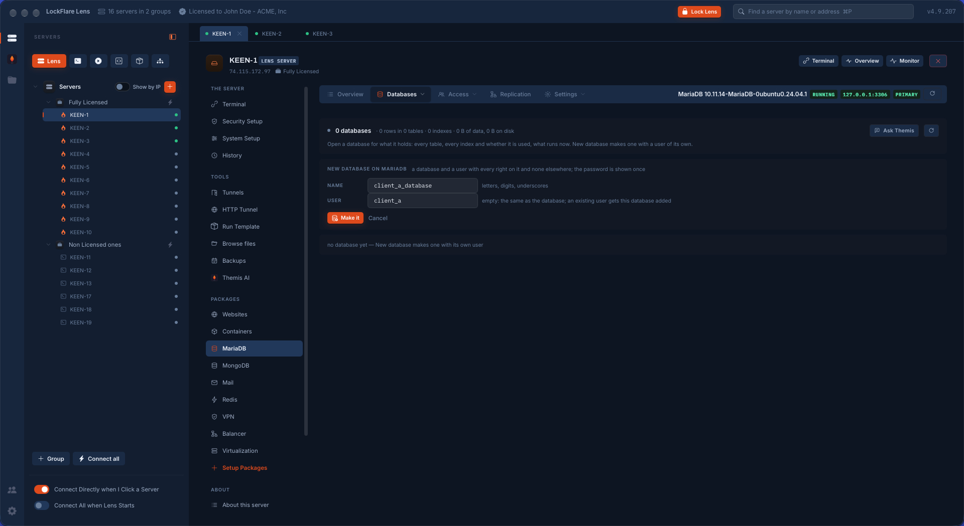 Creating a MariaDB database in LockFlare Vigia with a user of its own that has every right on it and none elsewhere