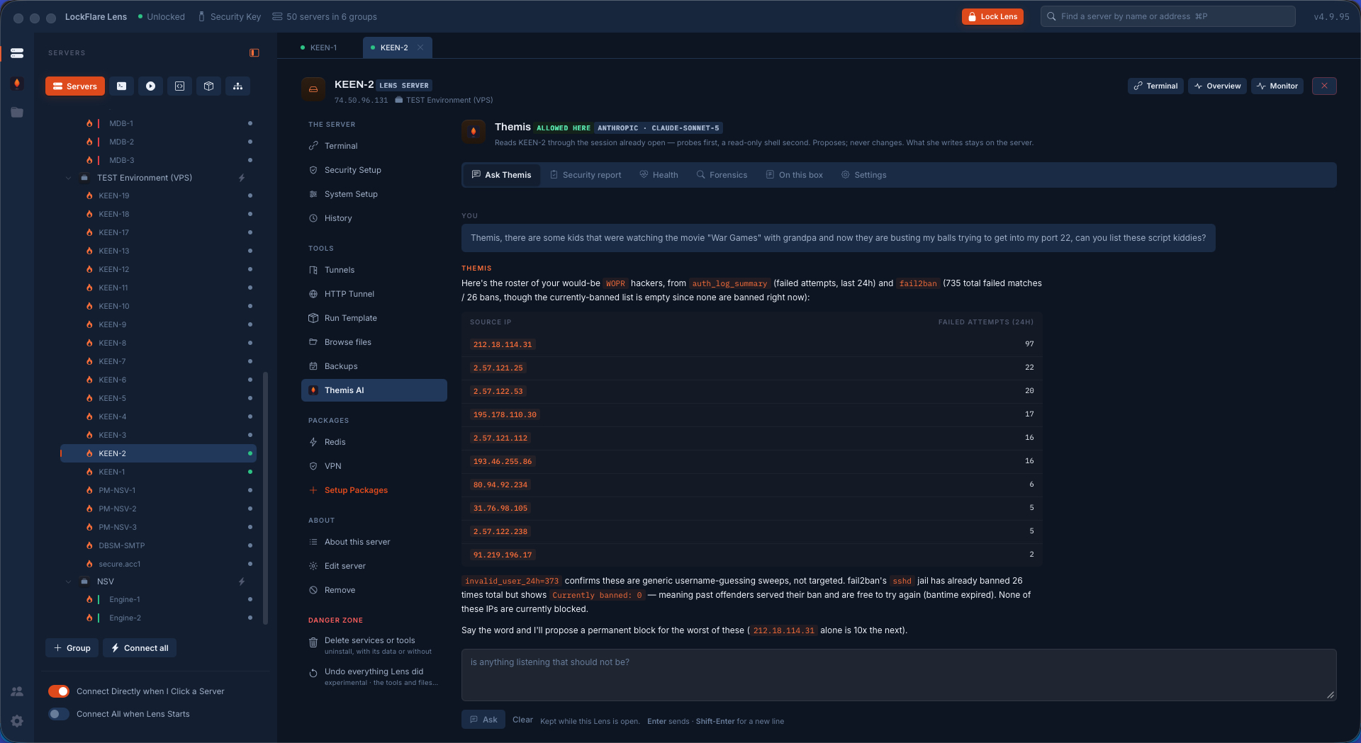 Themis in LockFlare Lens answering a casually-worded question about SSH attackers with a table of source addresses and failed attempts from the auth log and Fail2Ban