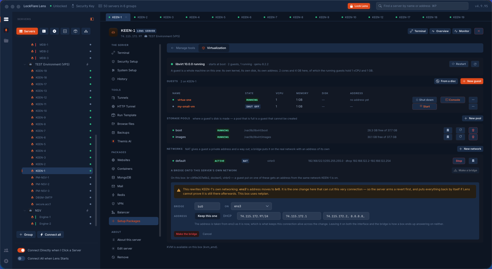 The Virtualization tool in LockFlare Lens: libvirt running, the guests with their state and resources, the storage pools with free space, the networks, and the bridge form